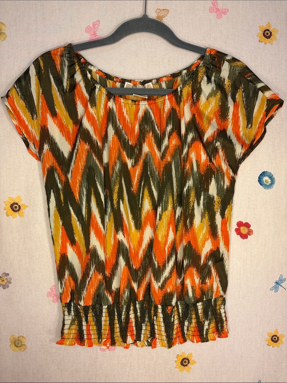 MICHAEL Michael Kors - Orange, Olive & Cream Chevron Short Sleeve Top
